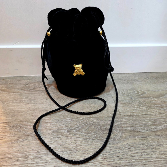 Chenson Handbags - Vintage Black Velvet Bucket Bag Drawstring Gold Teddy Bear Charm Shoulder bag
